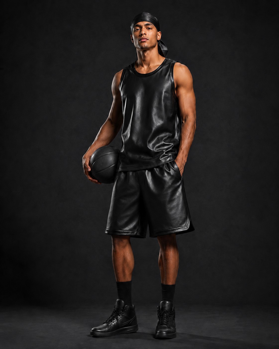 BLACK LTHR Uniform 01 — Court: Italian lamb leather tank, court shorts, and bandana